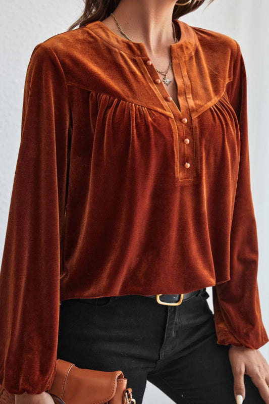 Amara Notched Long Sleeve Velvet Top | 2 Colors | Poundton