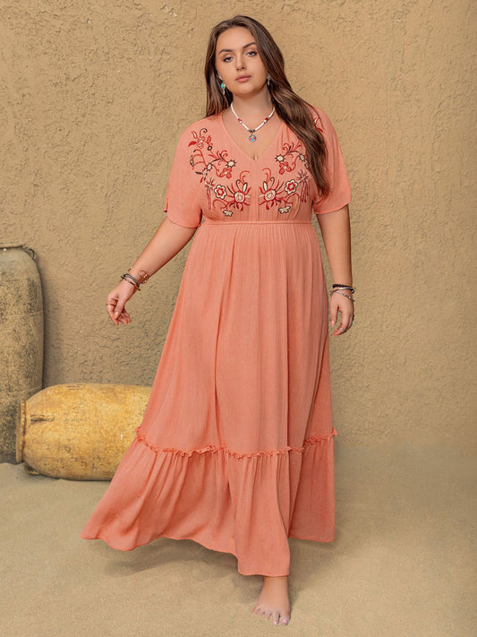 Frolic & Frill Embroidered V-Neck Half Sleeve Maxi Dress | Poundton