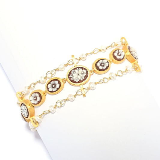 Cameo Italiano 18K Gold Plated "Anastasia" Flower Cameo & Cultured Pearl Bracelet