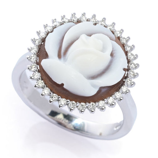 Cameo Italiano 14K White Gold Flower Shell Cameo & Diamond Ring