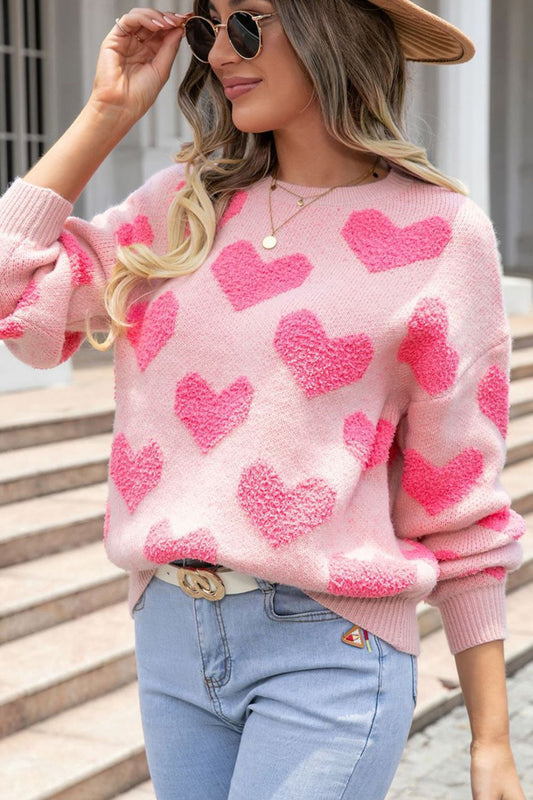 Zoe Valentine's Day Heart Jacquard Round Neck Sweater | Poundton