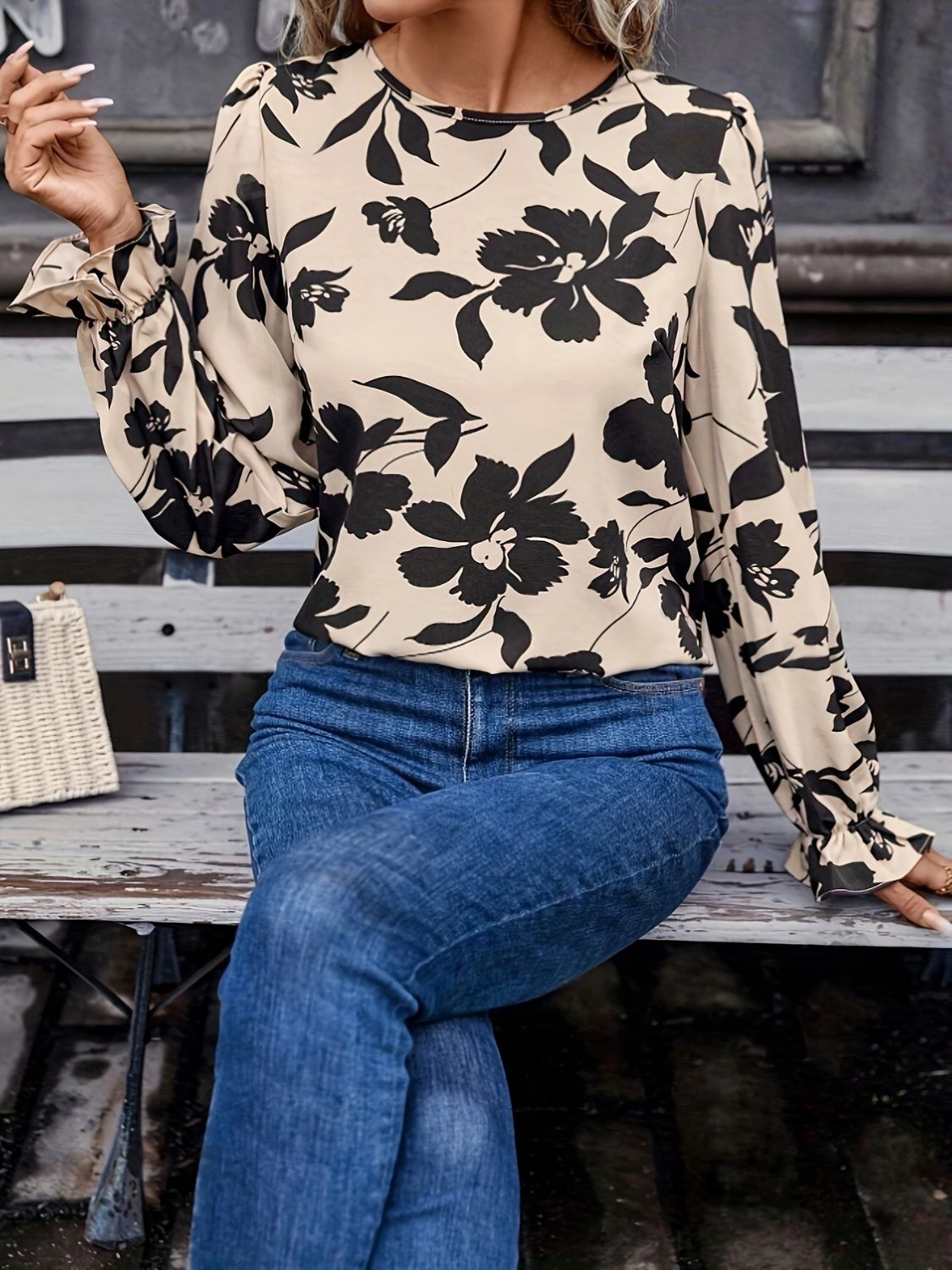 Bow Back Printed Round Neck Flounce Sleeve Blouse | Poundton