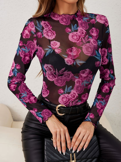 Floral Mock Neck Long Sleeve Top | Poundton