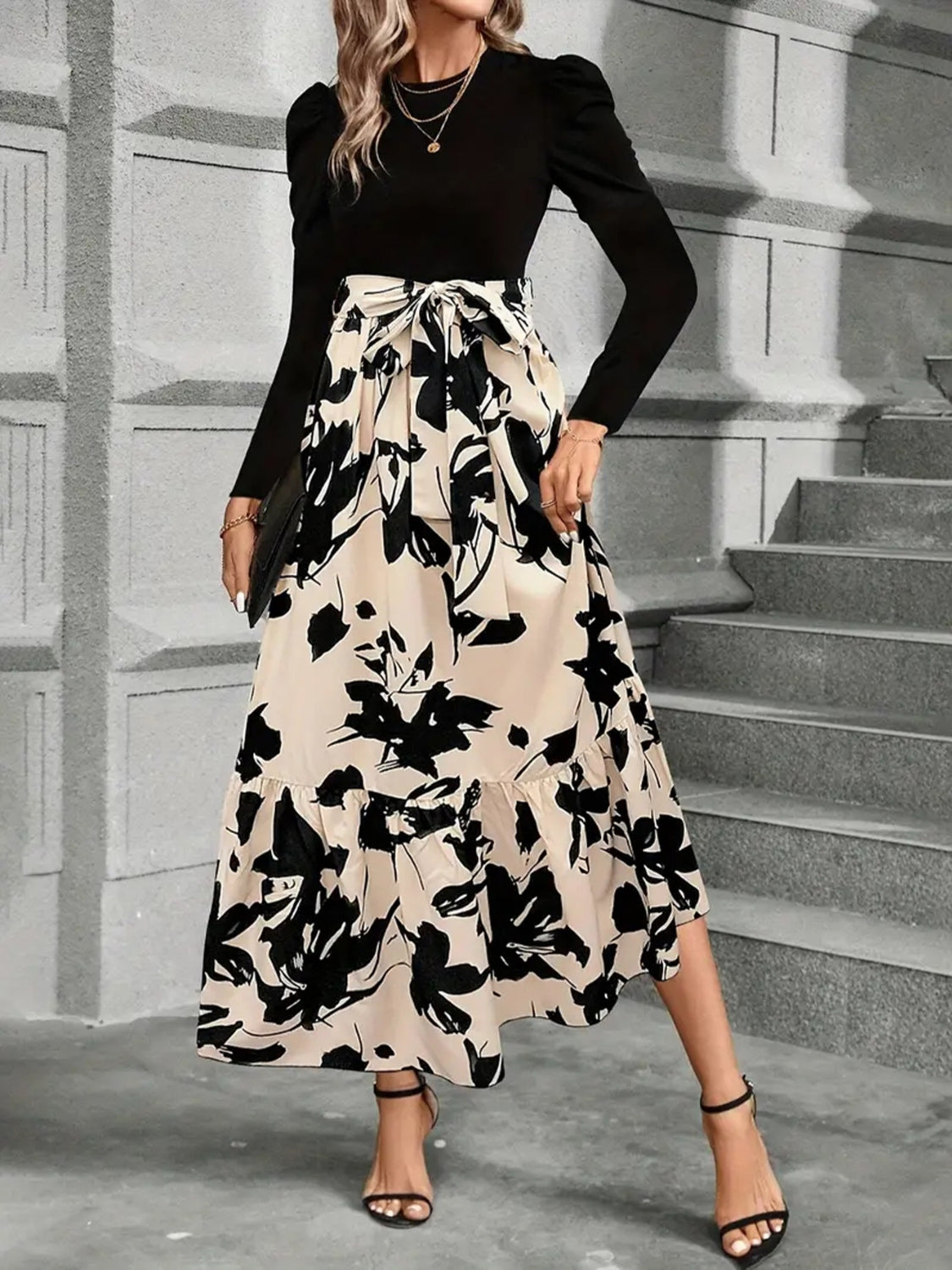 Royalty Tied Printed Round Neck Long Sleeve Midi Dress - Poundton