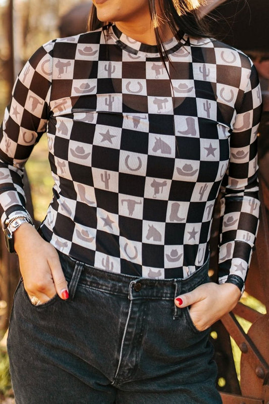 Checkmates Mock-neck Mesh Top | Poundton