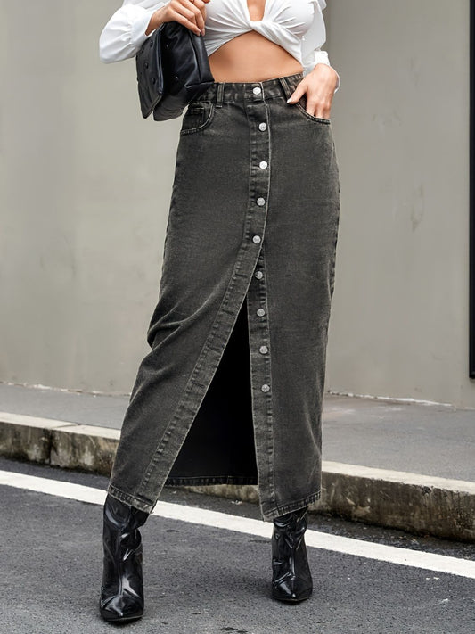 Grace Button Up High Rise Denim Skirt | Poundton