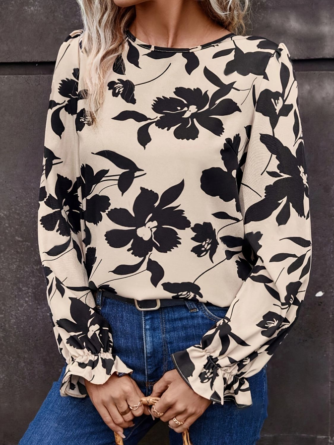 Bow Back Printed Round Neck Flounce Sleeve Blouse | Poundton