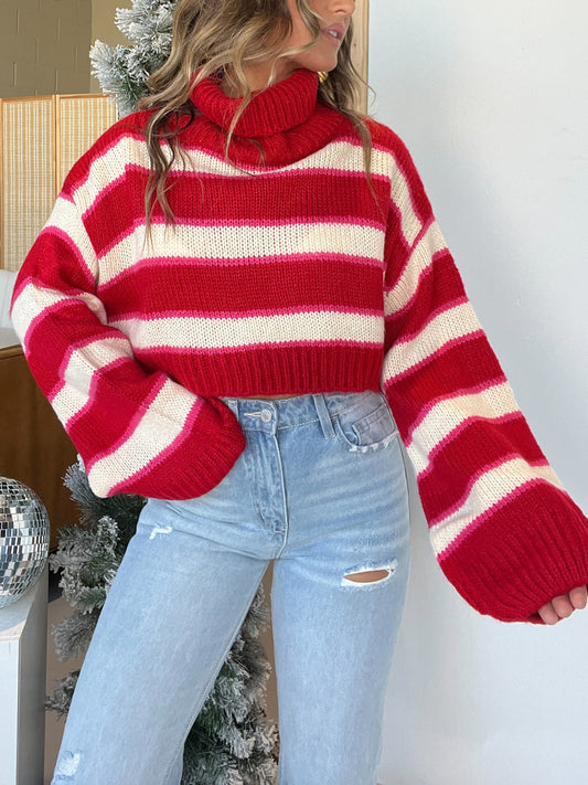 Isla Striped Turtleneck Long Sleeve Cropped Sweater | Poundton