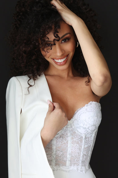 Perpetual Glam Lace Overlay Longline Bustier in White with Silver Lurex  | Pinup Girl Clothing