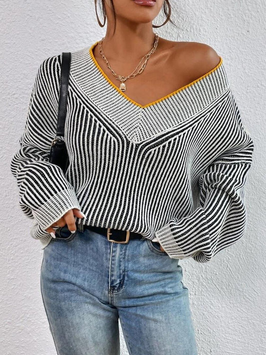 Ruby Tight Striped V-Neck Long Sleeve Sweater | 2 Colors | Poundton
