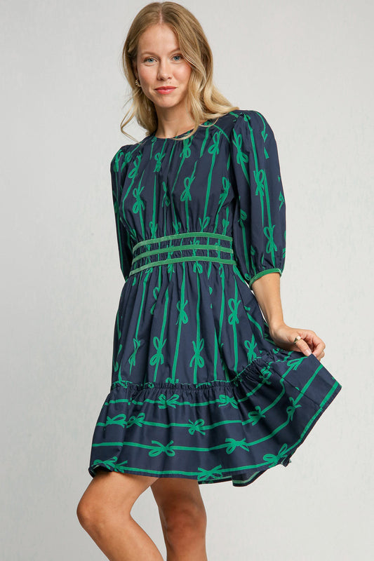 Let's Play Croquet Ribbon Print Frill Contrast Velvet Trim Half Sleeve Dress | Poundton