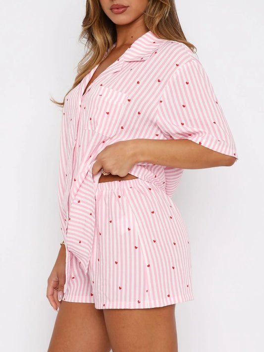 Lily Valentine's Day Printed Collared Neck Short Sleeve Top and Shorts Set | 4 Colors | Poundton