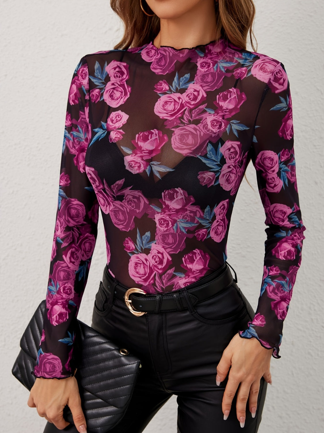 Floral Mock Neck Long Sleeve Top | Poundton