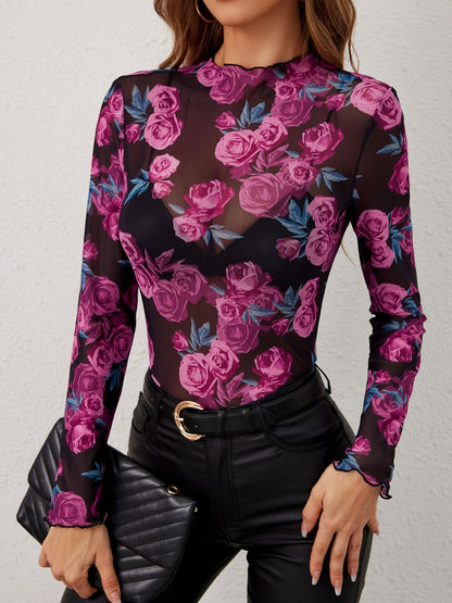 Floral Mock Neck Long Sleeve Top | Poundton