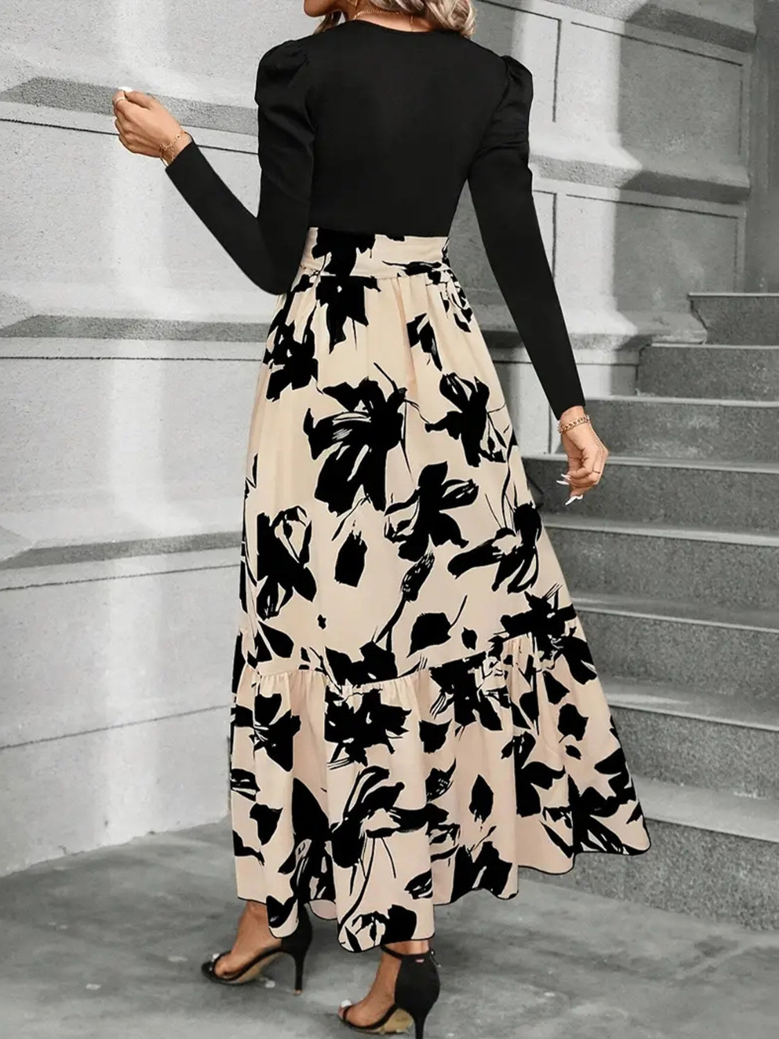 Royalty Tied Printed Round Neck Long Sleeve Midi Dress - Poundton