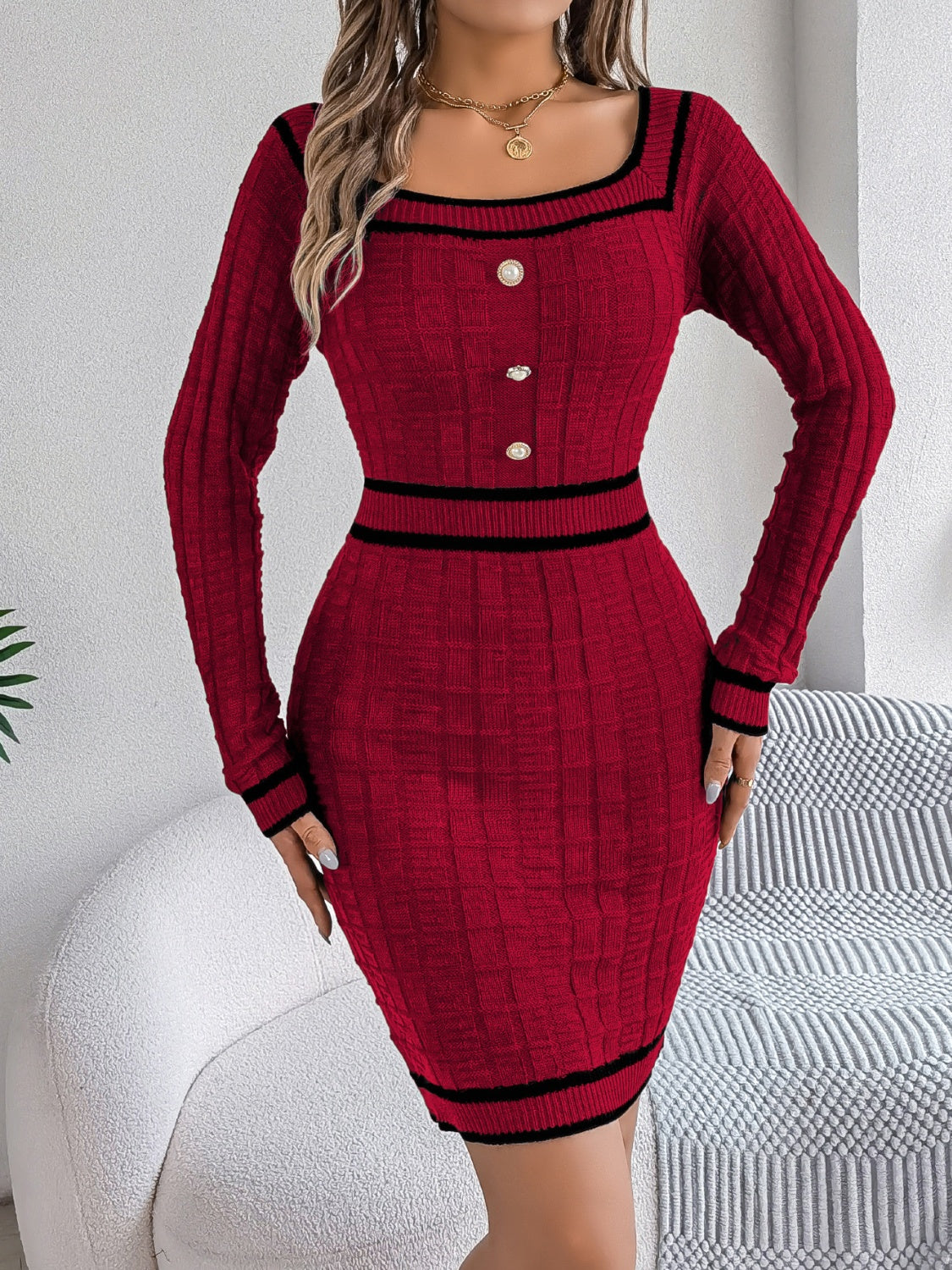 Grace Contrast Trim Long Sleeve Sweater Dress | 4 Colors | Poundton