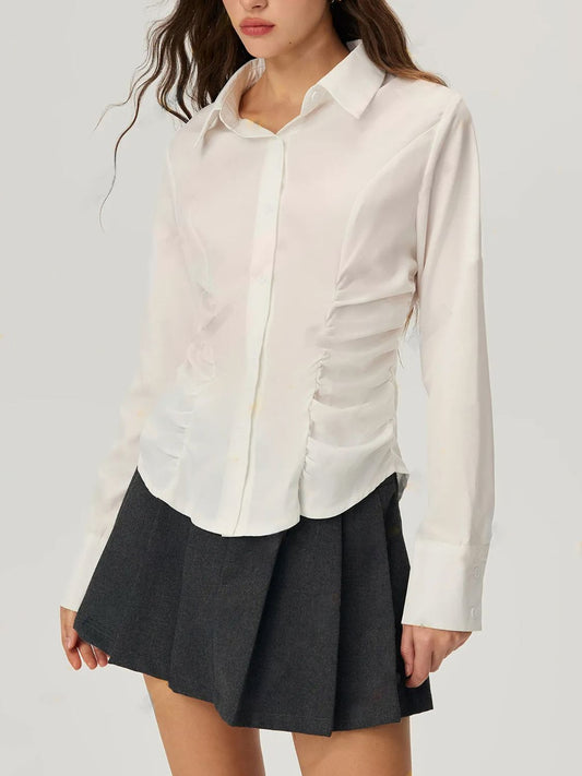 Amelia Ruched Button Down Long Sleeve Shirt | Poundton