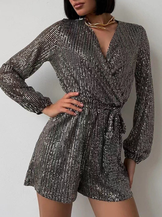 Full Size Sequin Surplice Tie Waist Long Sleeve Romper | 7 Colors | Poundton