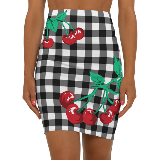 Women's 1990s Fitted Mini Skirt  in Black Gingham Vintage Cherries Print | Pinup Couture