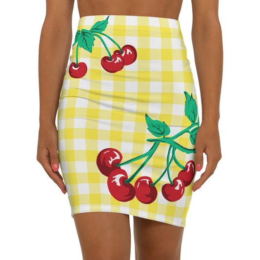 Women's 1990s Fitted Mini Skirt  in Yellow Gingham Vintage Cherries Print | Pinup Couture