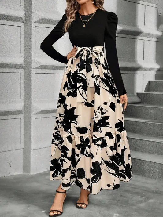 Royalty Tied Printed Round Neck Long Sleeve Midi Dress - Poundton