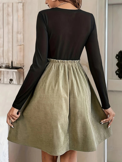 Contrast Round Neck Long Sleeve Dress Black - Poundton