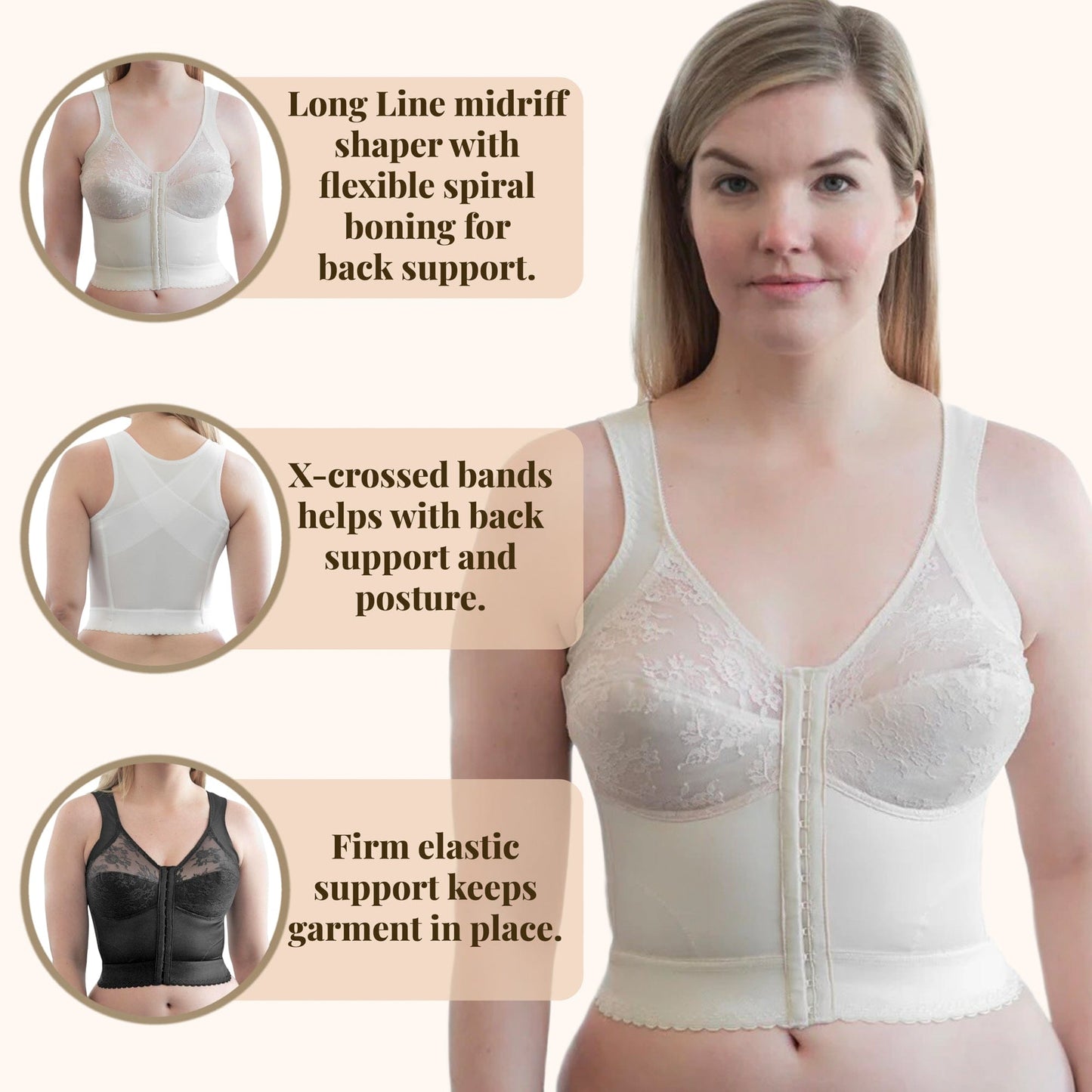 Front Closure Back Support Long Line Bra in Blush | Cortland Intimates