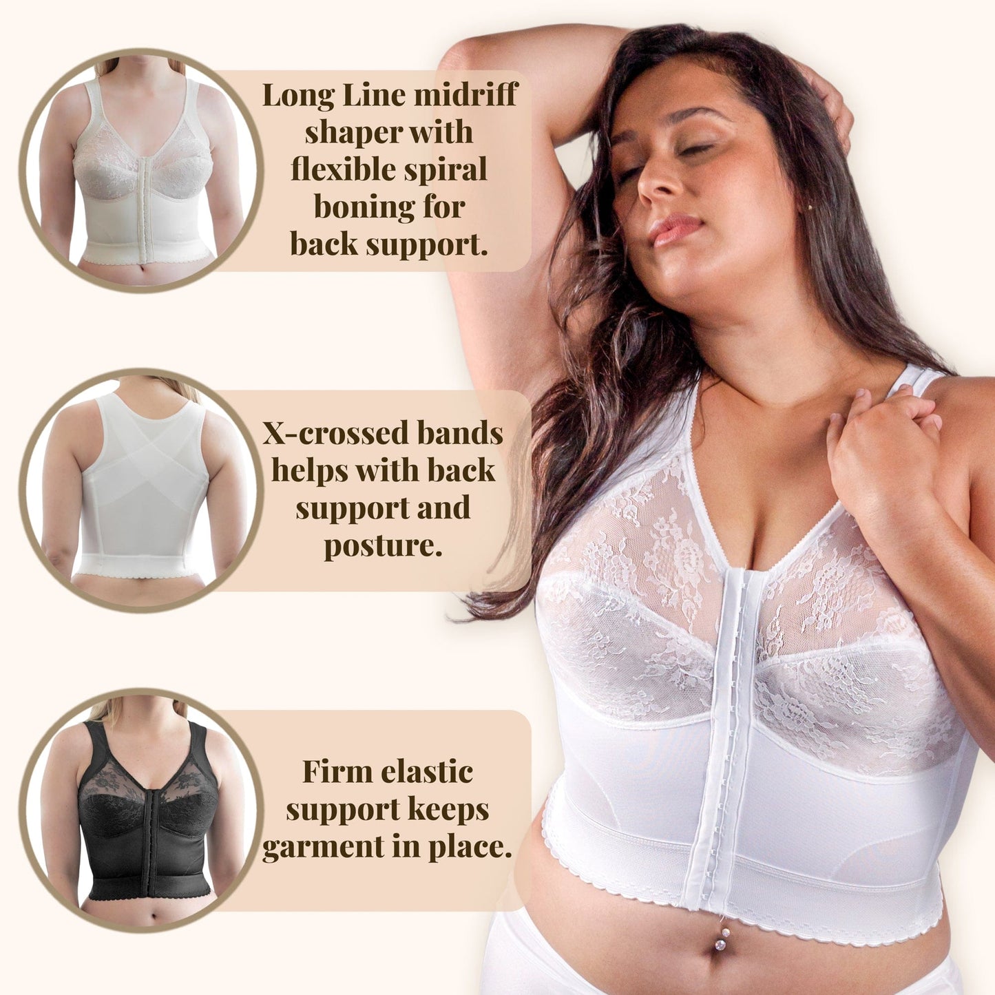 Front Closure Back Support Long Line Bra in White | Cortland Intimates