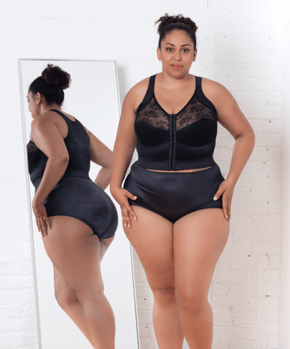 Front Closure Back Support Long Line Bra in Black | Cortland Intimates