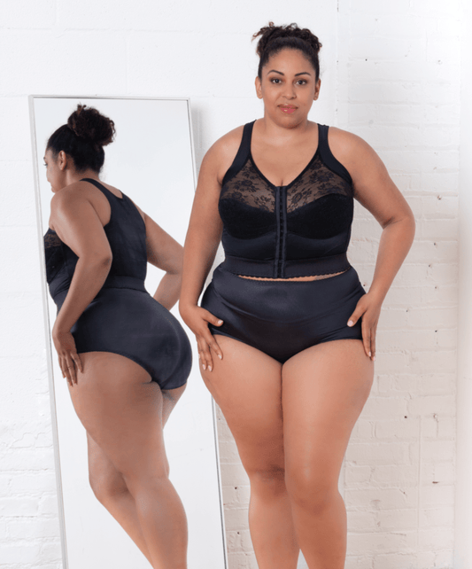 Front Closure Back Support Long Line Bra in Black | Cortland Intimates