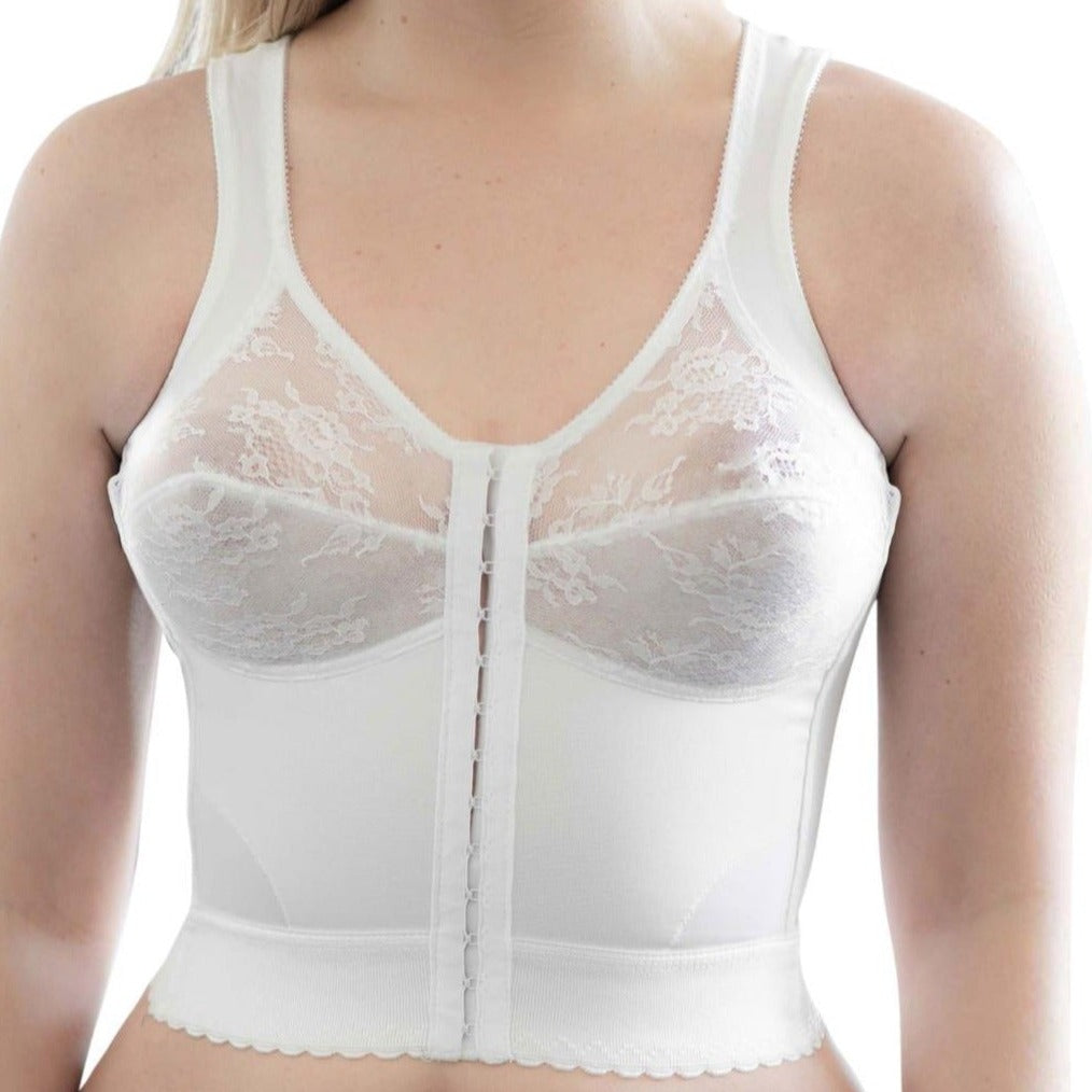 Front Closure Back Support Long Line Bra in White | Cortland Intimates