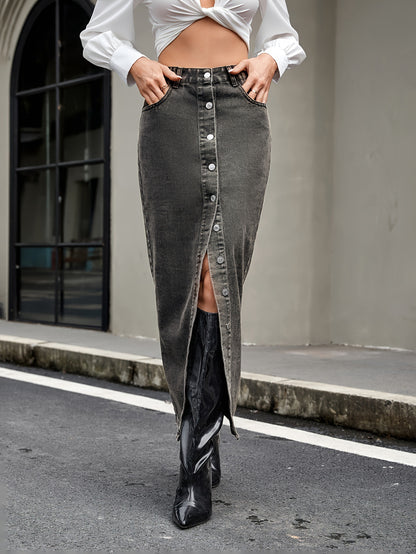 Grace Button Up High Rise Denim Skirt | Poundton