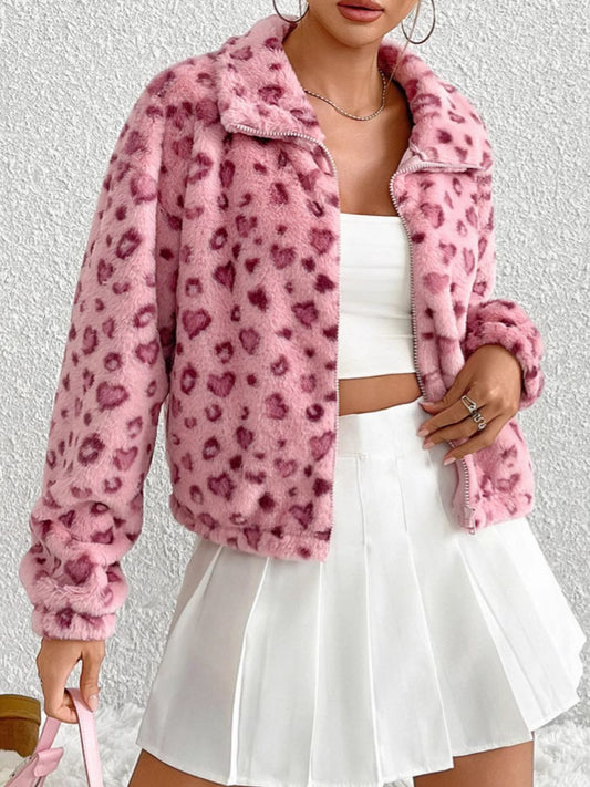 Rosa Leopard Zip Up Long Sleeve Furry Jacket | Poundton