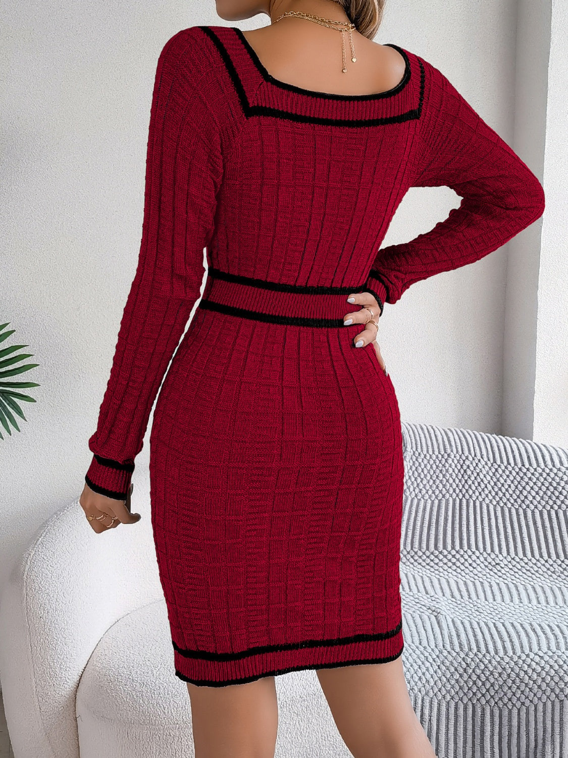 Grace Contrast Trim Long Sleeve Sweater Dress | 4 Colors | Poundton