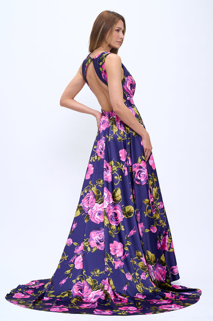 Lisa Plunging Neckline Satin Floral Purple Maxi Gown with Pockets