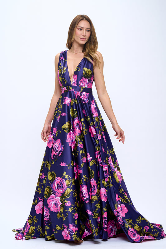 Lisa Plunging Neckline Satin Floral Purple Maxi Gown with Pockets