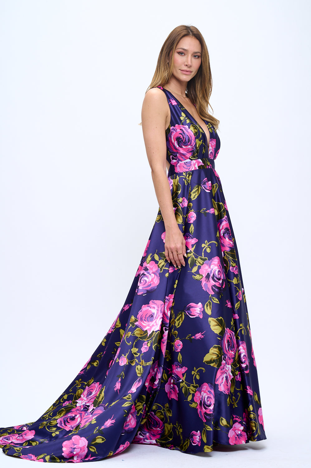 Lisa Plunging Neckline Satin Floral Purple Maxi Gown with Pockets