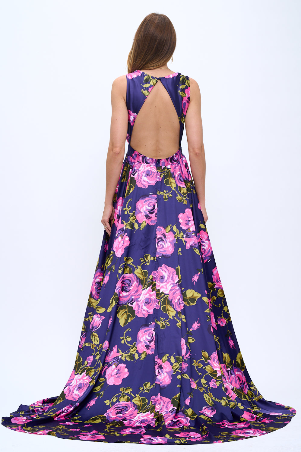 Lisa Plunging Neckline Satin Floral Purple Maxi Gown with Pockets