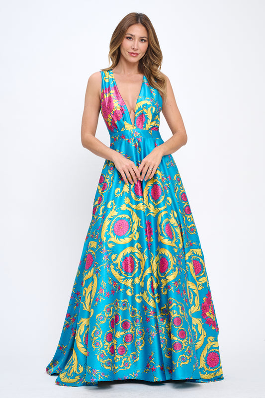 Elena Plunging Neckline Satin Floral Turquoise Multi Maxi Gown with Pockets