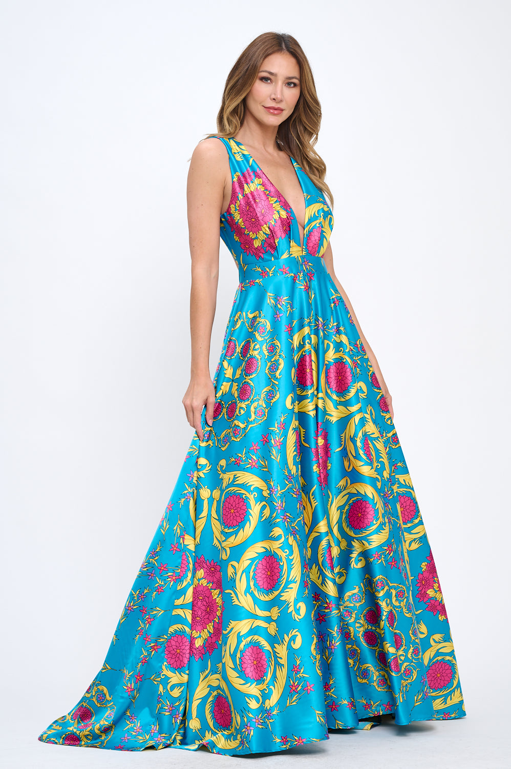 Elena Plunging Neckline Satin Floral Turquoise Multi Maxi Gown with Pockets