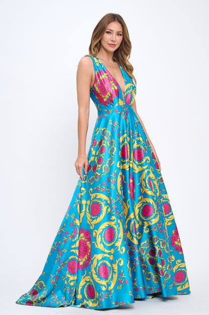 Elena Plunging Neckline Satin Floral Turquoise Multi Maxi Gown with Pockets