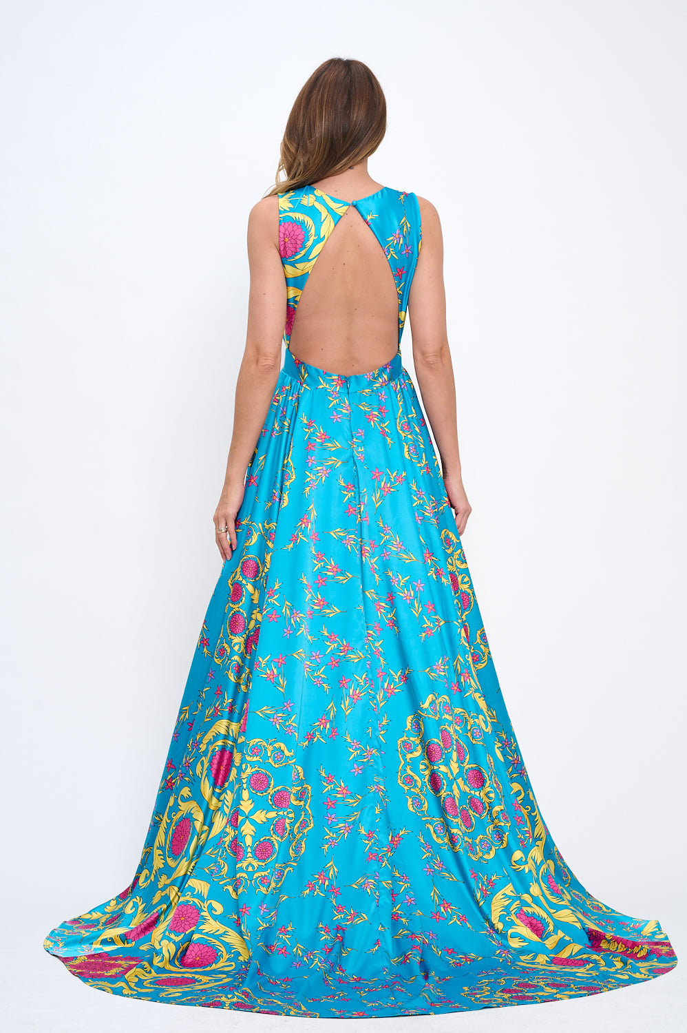 Elena Plunging Neckline Satin Floral Turquoise Multi Maxi Gown with Pockets