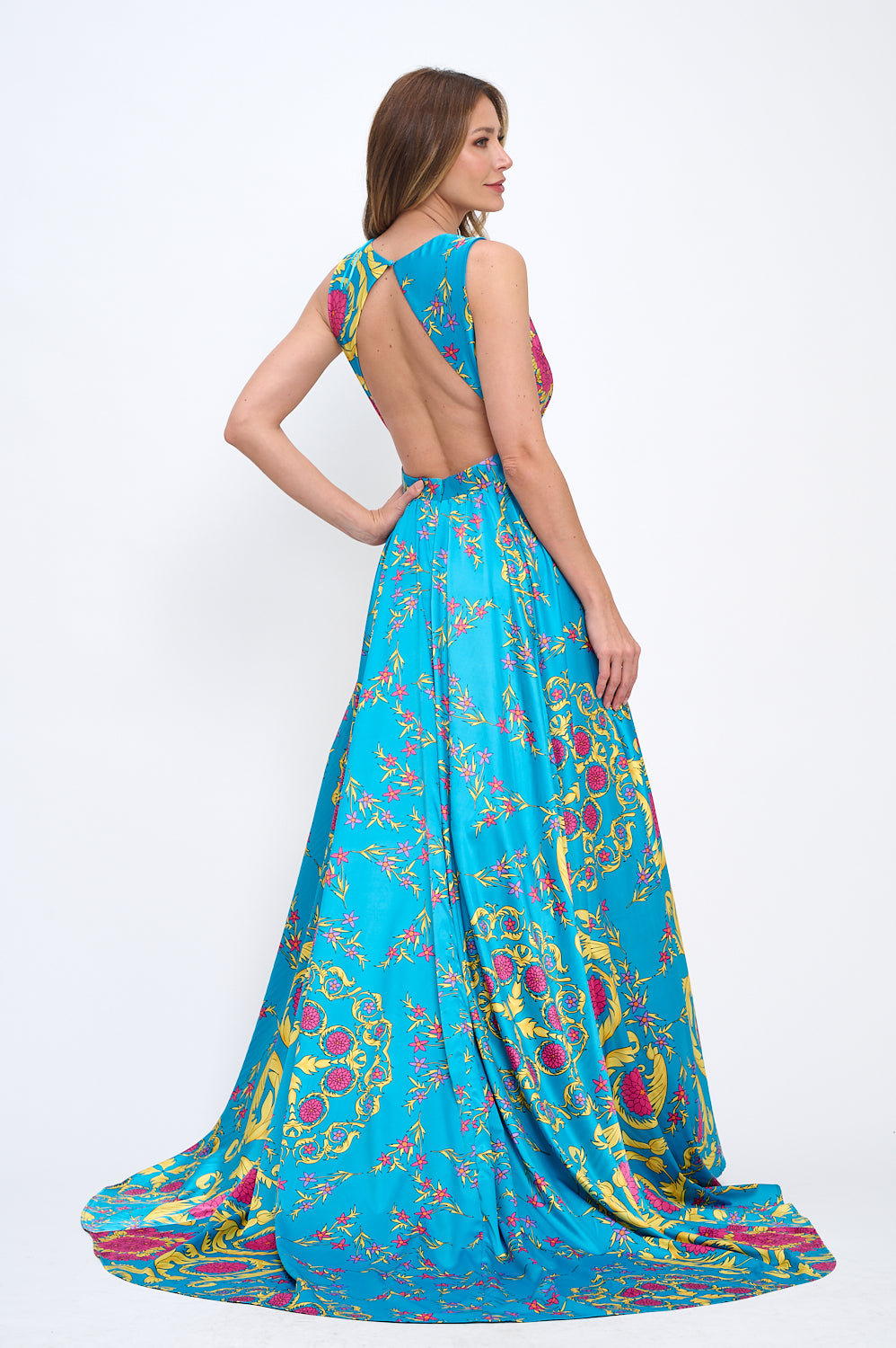 Elena Plunging Neckline Satin Floral Turquoise Multi Maxi Gown with Pockets