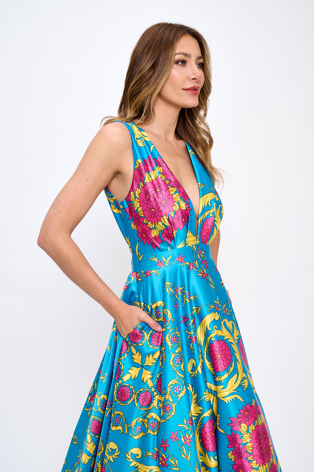 Elena Plunging Neckline Satin Floral Turquoise Multi Maxi Gown with Pockets
