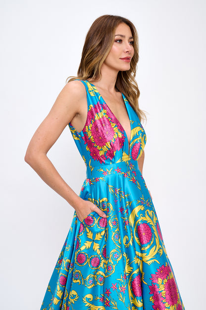 Elena Plunging Neckline Satin Floral Turquoise Multi Maxi Gown with Pockets