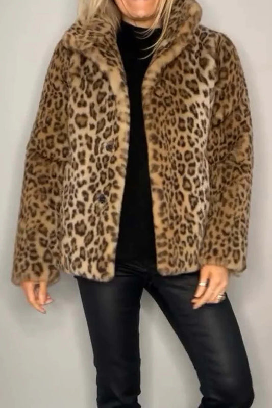 Alessia Full Size Leopard Furry Collared Neck Long Sleeve Coat | 5 Colors | Poundton