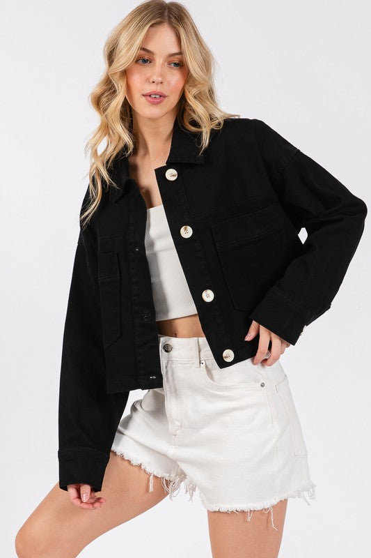 Jean Girl Button Down Cropped Denim Jacket with Patch Pockets | Bytos