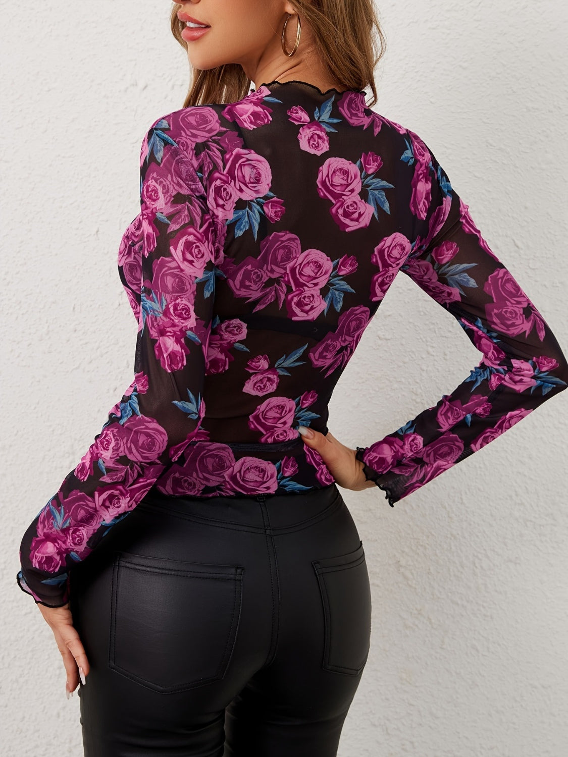 Floral Mock Neck Long Sleeve Top | Poundton