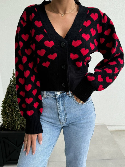 Aurora Valentine's Day Heart V-Neck Cropped Cardigan | Poundton