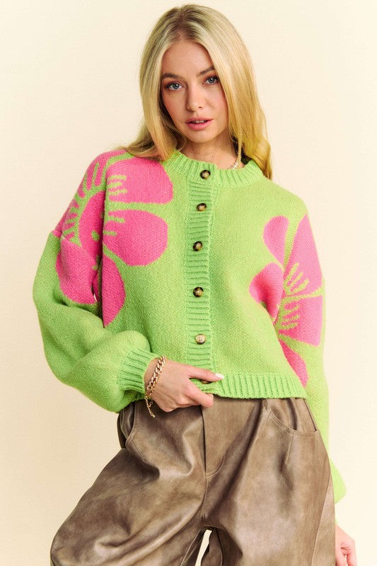Flower Contrast Round Neck Long Sleeve Cardigan | Davi & Dani